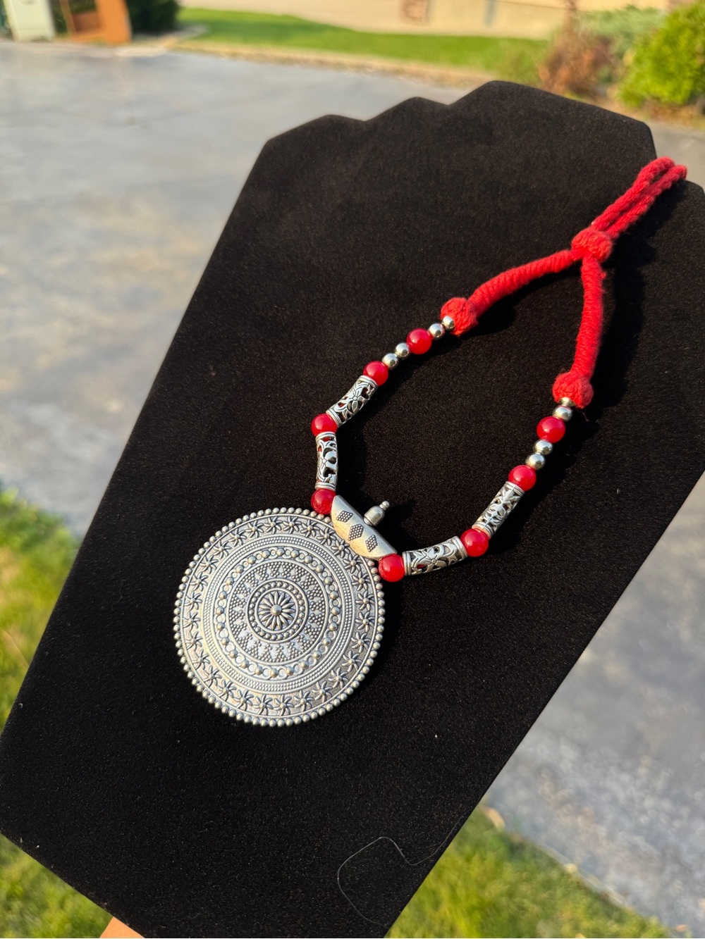 Red Bead Silver-Tone Mandala Pendant Necklace - Women Jewelry